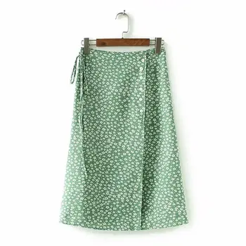 2019 m. Vasarą wrap ilgi sijonai, moteriški derliaus lolita žalia gėlių spausdinti padalinta aukšto liemens sijonas moterims korėjos mados streetwear
