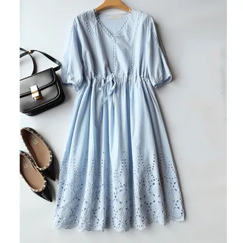 2019 metų moteris tuščiaviduriai siuvinėjimo ponios literatūros prarasti V-kaklo, Mažų šviežių nėrinių suknelė-iki juosmens suknelė
