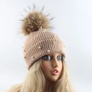 2019 Moterų Žiemos Skrybėlę Pearl Vilnos Kepuraitė Kepurės Ponios Tikro Kailio Pompom Skrybėlę Mergaičių Megzti Skullies