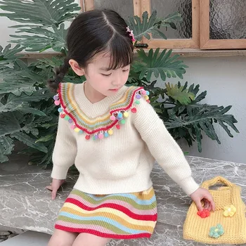 2019 Naujas Mados Baby Girl Dizaino Rudenį Mezgimo Megztinis Dryžuotas Coloful Viršuje ir Sijonas Viena Mergina Audiniu Merginos Megztinis Suknelė