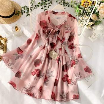 2019 naujas mados moterų suknelės Saldus pririšti susiėmę apykaklės šifono suknelė temperamentas trimitas rankovėmis rose