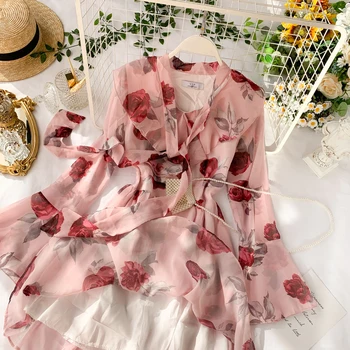 2019 naujas mados moterų suknelės Saldus pririšti susiėmę apykaklės šifono suknelė temperamentas trimitas rankovėmis rose