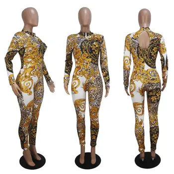 2019 naujas moterų stovėti ant kaklo aukso gėlių paisley derliaus spausdinti atvira nugara seksualus liesas bodycon jumpsuit rompers apranga D9090