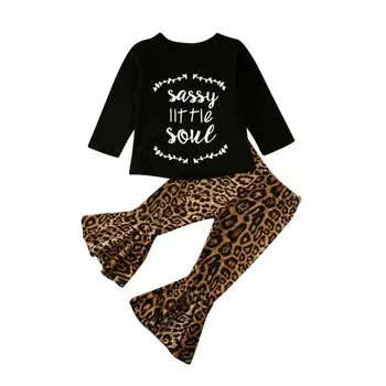 2020 Bamblys Kūdikių Vaikai Mergina Drabužius Laišką Print Long Sleeve T-shirt Viršuje & Užsiliepsnojo Leopard Kelnės Kelnės Komplektai