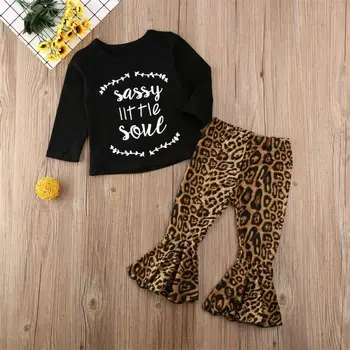 2020 Bamblys Kūdikių Vaikai Mergina Drabužius Laišką Print Long Sleeve T-shirt Viršuje & Užsiliepsnojo Leopard Kelnės Kelnės Komplektai