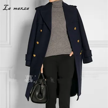 2020 Elegantiškas Žiemos Moterų Vilnos Ilgas Kailis Šiltas Korėjos Stiliaus Biuro Mados Streetwear Mėlyna Kišenės Kailis Negabaritinių