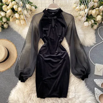 2020 ilgomis rankovėmis veliūras retro suknelė lannter rankovės seksuali mini suknelė rudens žiemos moterys kietas šalis elegantiškas streetwear suknelės