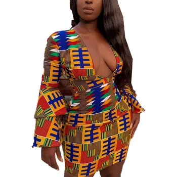2020 m. Afrikos Suknelė Moterims Dashiki Spausdinti Suknelės Moterų Plius Dydis Amerikos Drabužių V-kaklo, Seksualus ilgomis Rankovėmis, Trumpos Maxi Vestido