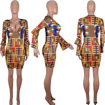 2020 m. Afrikos Suknelė Moterims Dashiki Spausdinti Suknelės Moterų Plius Dydis Amerikos Drabužių V-kaklo, Seksualus ilgomis Rankovėmis, Trumpos Maxi Vestido