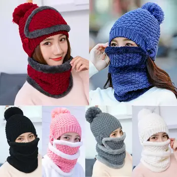 2020 m., Moteris, Ponios Žiemos Beanie Skrybėlių+Šalikas 3PCS Nustatyti Šiltas Mezgimo Vilnos Storas Vilnos Pamušalu Slidinėjimo Kepurė 7 Spalvų