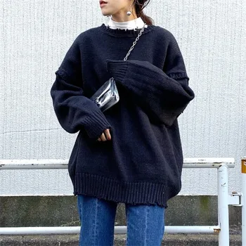 2020 m. nauja Japonų stiliaus rudens drabužiai du dėvėti natūralaus krašto asmenybės megzti megztinis laisvas megztinis moterims, paprasta ir mada