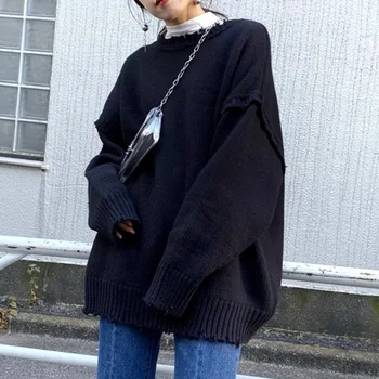 2020 m. nauja Japonų stiliaus rudens drabužiai du dėvėti natūralaus krašto asmenybės megzti megztinis laisvas megztinis moterims, paprasta ir mada
