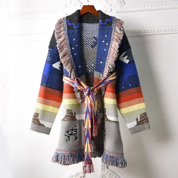 2020 m. Pavasario rudens mados moterų aukštos kokybės siuvinėjimo kutai susagstomi megztiniai megztinis Elegantiškos moterys purus megzti paltai C505