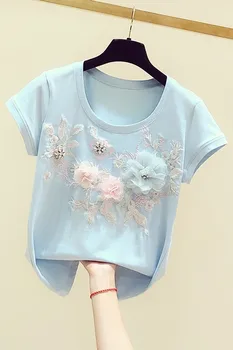 2020 m. Pavasario Vasaros Naujus Mėlynos spalvos Marškinėlius Moteris trimatis Siuvinėjimo Gėlių Apvalios Kaklo trumpomis Rankovėmis T-shirt Moterų Atsitiktinis Tee