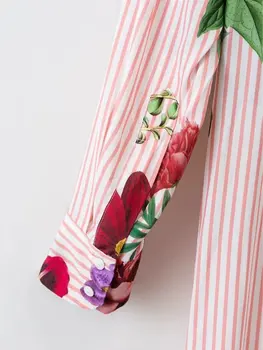2020 m. Pavasarį Retro Gėlių Spausdinti Dryžuotas paradinėmis Varčias Turn-žemyn Apykaklės Ilgai Moterų Suknelės