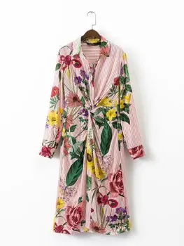 2020 m. Pavasarį Retro Gėlių Spausdinti Dryžuotas paradinėmis Varčias Turn-žemyn Apykaklės Ilgai Moterų Suknelės