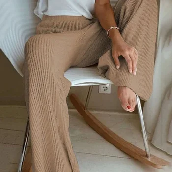 2020 M. Rudens Žiemos Elegantiškas Šiltų Kašmyro Kelnės Moterims, Platus Kojos Briaunoti Megzti Kelnės Sexy Aukšto Juosmens Kietas Minkštos Kelnės Harajuku