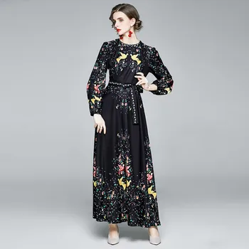 2020 m. Rudens-žiemos mados Atsitiktinis moterų Derliaus Gėlių Spausdinti Maxi Suknelė Moterų ilgomis Rankovėmis O-Kaklo Juostinės Ilga Suknelė