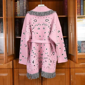 2020 m. Rudens Žiemos Moterys, aukštos kokybės siuvinėjimui kutai Diržo susagstomi megztiniai Naujų Dizainerių moterų purus megzti paltai C514