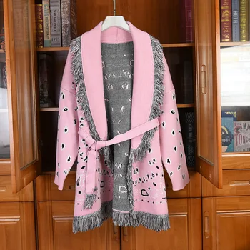 2020 m. Rudens Žiemos Moterys, aukštos kokybės siuvinėjimui kutai Diržo susagstomi megztiniai Naujų Dizainerių moterų purus megzti paltai C514