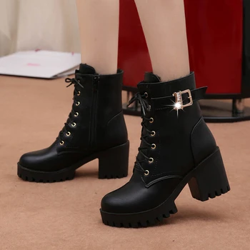 2020 m. Rudens žiemos naujas aukštakulnį trumpas batai, moteriški odiniai batai Britų stiliaus nėrinių-up storio obcasie Mart boots sniego batai