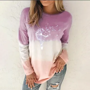 2020 m. Rudenį Moteriški marškinėliai Spalvotų Atsitiktinis ilgomis Rankovėmis Apvalios Apykaklės gatvės dėvėti Laisvus Spausdinti Viršūnes Kaklaraištis dažyti Negabaritinių Marškinėliai