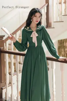 2020 M. Rudenį Naujų Atvykimo Saldus Karšto Pardavimo Peter Pan Apykaklės Gėlių Siuvinėjimas Bowknot Moteris Ilga Suknelė Žalia