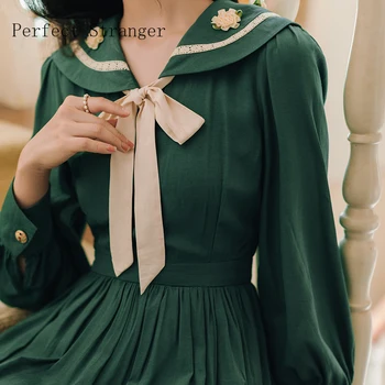 2020 M. Rudenį Naujų Atvykimo Saldus Karšto Pardavimo Peter Pan Apykaklės Gėlių Siuvinėjimas Bowknot Moteris Ilga Suknelė Žalia