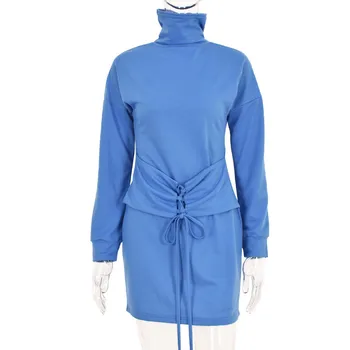 2020 M. Žiemos Dress Moterų Streetwear Didelis Kaklo Kietos Moters Suknelė Seksualus Užrišti Ilgomis Rankovėmis Bodycon Mini Suknelės Moterims, Vestidos Skraiste