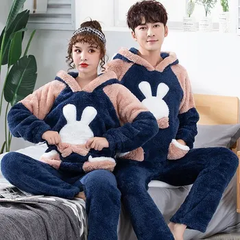 2020 M. Žiemos Pora Pižama Moterims, Vyrams Tirštėti Animacinių Filmų Pižamos Moterims Gobtuvu Sleepwear Koralų Vilnos Pijama Minkštas Homewear Pajama Rinkinys
