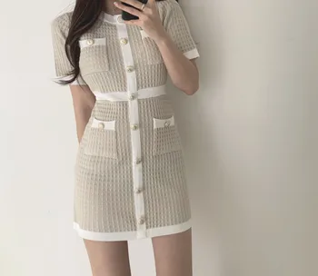 2020 Metų Vasaros Korėjos Elegantiškas Mezgimo Bodycon Megztinis Suknelė Moterims Seksualus Vieną Krūtinėmis Trumpas Rankovės Tipo Mini Suknelės Mezgimo