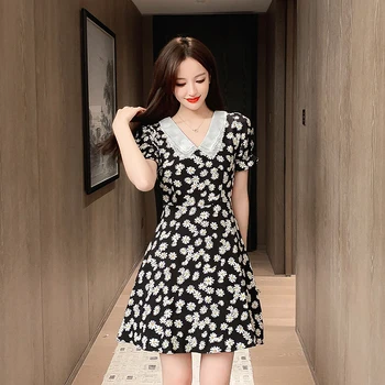 2020 metų Vasaros Mini Suknelės, Japonų, korėjiečių Stiliaus Atostogų Šalis, Balta Apykakle Flhjlwoc peteliškė, Gėlė margarita Dress 4115
