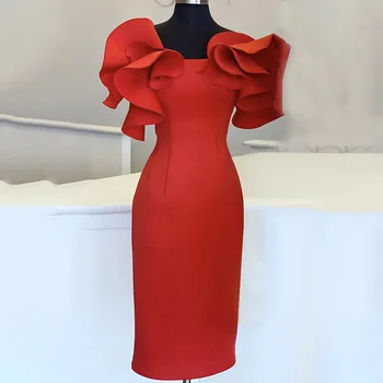 2020 Metų Vasaros Naujas Elegantiškas Off Peties Bodycon Midi Raudona Suknelė Moterų Mados Ruffles Rankovėmis Vakare Šalis Suknelės Falbala Vestidos