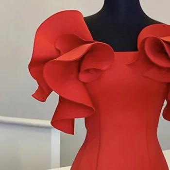2020 Metų Vasaros Naujas Elegantiškas Off Peties Bodycon Midi Raudona Suknelė Moterų Mados Ruffles Rankovėmis Vakare Šalis Suknelės Falbala Vestidos