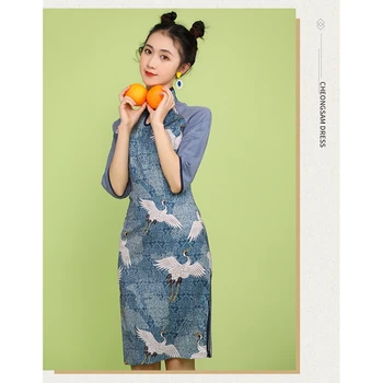 2020 metų vasaros naujoje vietoje nekilnojamojo kulka pasakų krano spausdinti Kinijos retro stiliaus cheongsam ice blue tradicinę suknelę, moterų drabužiai