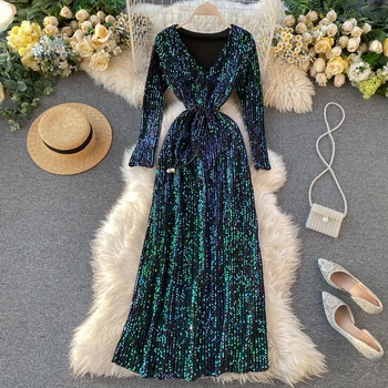 2020 Metų Vasaros Naują Bling Bling Blizgučiais Moterų Suknelės, Ilgas, Maxi Panele Elegantiškas Suknelės V-Kaklo, Kietas Suknelės Aukščiausios Kokybės