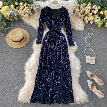 2020 Metų Vasaros Naują Bling Bling Blizgučiais Moterų Suknelės, Ilgas, Maxi Panele Elegantiškas Suknelės V-Kaklo, Kietas Suknelės Aukščiausios Kokybės