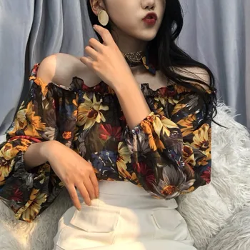 2020 Metų Vasaros Seksualus Off Peties Ilgomis Rankovėmis Viršūnes Gėlių Spausdinti Palaidinė Moterims Korėjos Derliaus Pynimas Marškiniai, Elegantiškas Plonas Blusas Femme