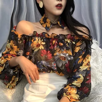 2020 Metų Vasaros Seksualus Off Peties Ilgomis Rankovėmis Viršūnes Gėlių Spausdinti Palaidinė Moterims Korėjos Derliaus Pynimas Marškiniai, Elegantiškas Plonas Blusas Femme
