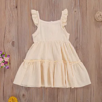 2020 metų Vasaros Suknelės Mergaitėms Baby Girl Mygtuką Dizaino Suknelė be Rankovių Kietas RufflesA-line Suknelės Princesė Sundress