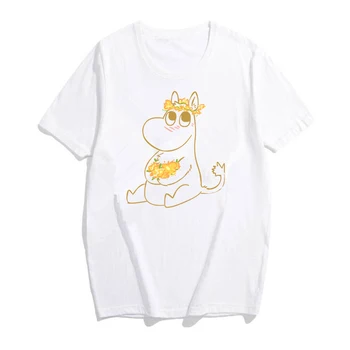 2020 Moomintroll ir Gėlės T-Shirt Mielas Moomin Grafinis Tee Kawaii Karikatūros Marškinėliai Harajuku Moterų Viršūnių Tumblr Tee