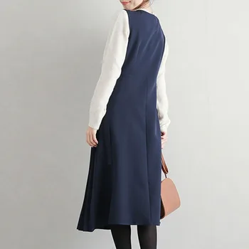 2020 Moterų Berankovis Suknelė Korėjos Elegantiškas Paprasto Aukšto Juosmens Diržas Midi Plisuotos Lino Sundress Moteris Rudens-Žiemos Dress Biuras