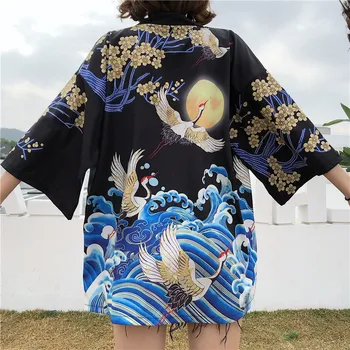 2020 Nauja Juoda Balta Krano Spausdinti Harajuku Cardigan Japonų Kimono Azijos Vasaros Palaidinė Viršūnes Atsitiktinis Moteris Cosplay s