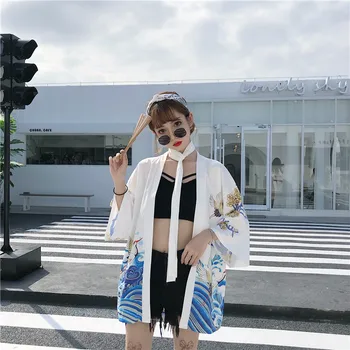 2020 Nauja Juoda Balta Krano Spausdinti Harajuku Cardigan Japonų Kimono Azijos Vasaros Palaidinė Viršūnes Atsitiktinis Moteris Cosplay s