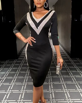 2020 Naujų Moterims, Elegantiška, Darbo Drabužiai Slim Fit Mini Atsitiktinis Suknelė Su V-Kaklo Colorblock Kontrasto Spalvų Dryžuotas Blizgančiais Bodycon Suknelė