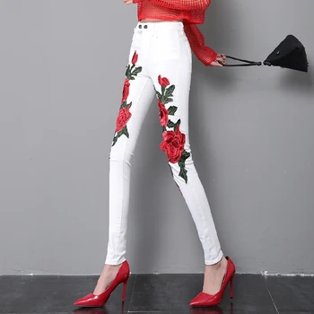 2020 Naujų Moterims Gėlių Siuvinėjimas Denim Kelnės * Slim Visas rungtynes, Balta Pagrindinės Pieštuku Kelnės Moteris Ruožas Legging Jeans Kelnės