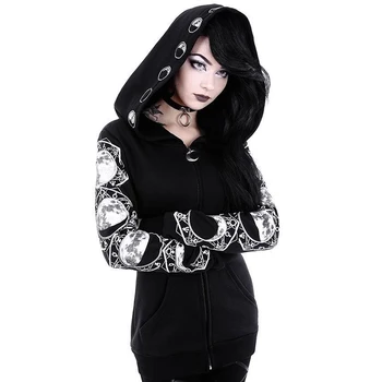 2020 Negabaritinių Palaidinės Moterų Plius Dydis Prarasti Ilgomis Rankovėmis Su Gobtuvu Viršūnes Drabužius Mujer Gothic Black Moon Modelis Hoodies Moterims