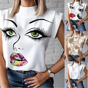 2020 sprogimo modeliai vasaros paprasta stand-up apykaklės lūpų spausdinti ponios marškinėliai moterims topai