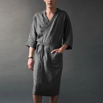 2020 Vyrams, Chalatai Homewear Medvilnės Skalbiniai Jungiamąją V Kaklo, 3/4 Rankovės Derliaus Kimono Chalatai Kišenės Sleepwear Mens Pižamą