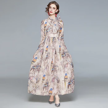 2021 Aukštos Kokybės Pavasarį Mados kilimo ir tūpimo Tako Vasaros Suknelės Moterų Plisuotos Nėrinių Diržas Derliaus ilgomis Rankovėmis Paukščių Spausdinti Suknelė Marškinėliai